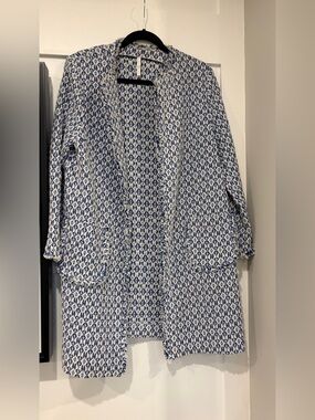 Blue & White Patterned Open Front Women's Blazer Jacket